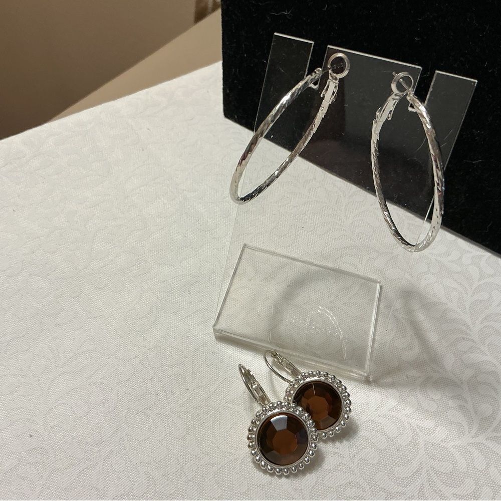 Silver Hoop Earrings and Golden Topaz-Colored Stone Drop Earrings Set